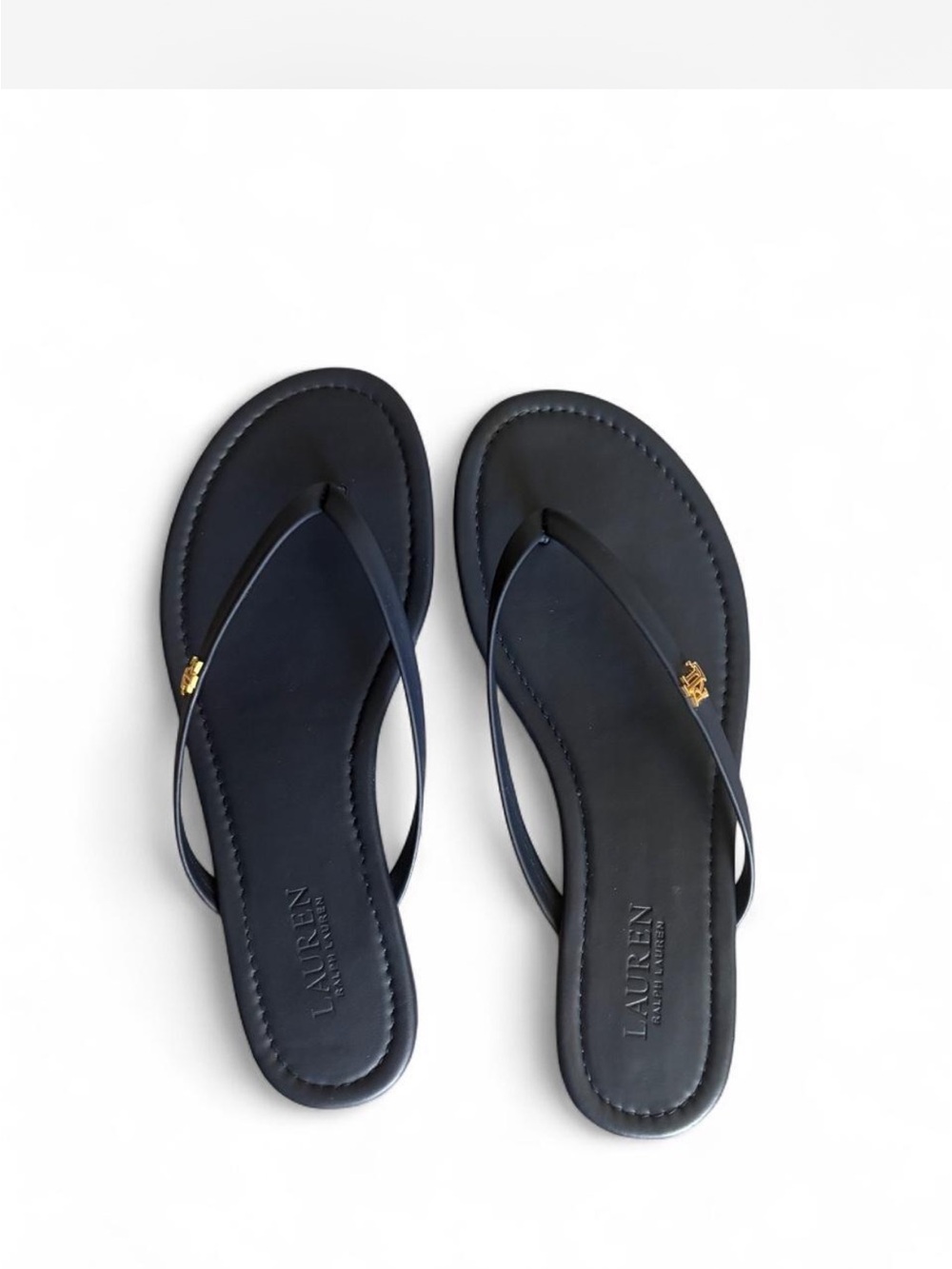 Lauren Ralph Lauren Navy Leather Flip Flop Sandals with Gold Logo